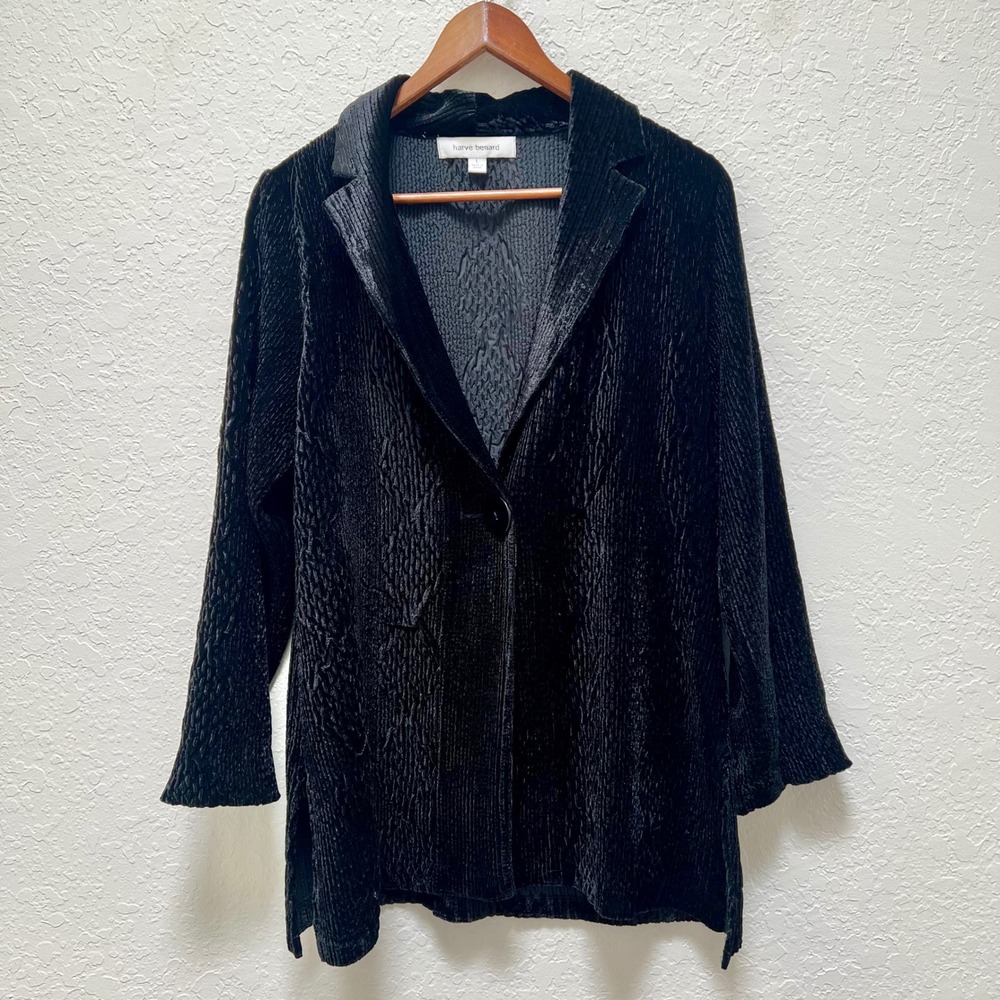 Harve Benard Black Crinkle Velvet Blazer Jacket Textured Single Button Large